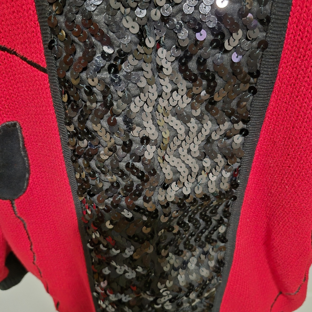 Vintage 80s Red Black Sequin Floral Tulip Cardigan Sweater Women's Plus Size 1X - Picture 4 of 10
